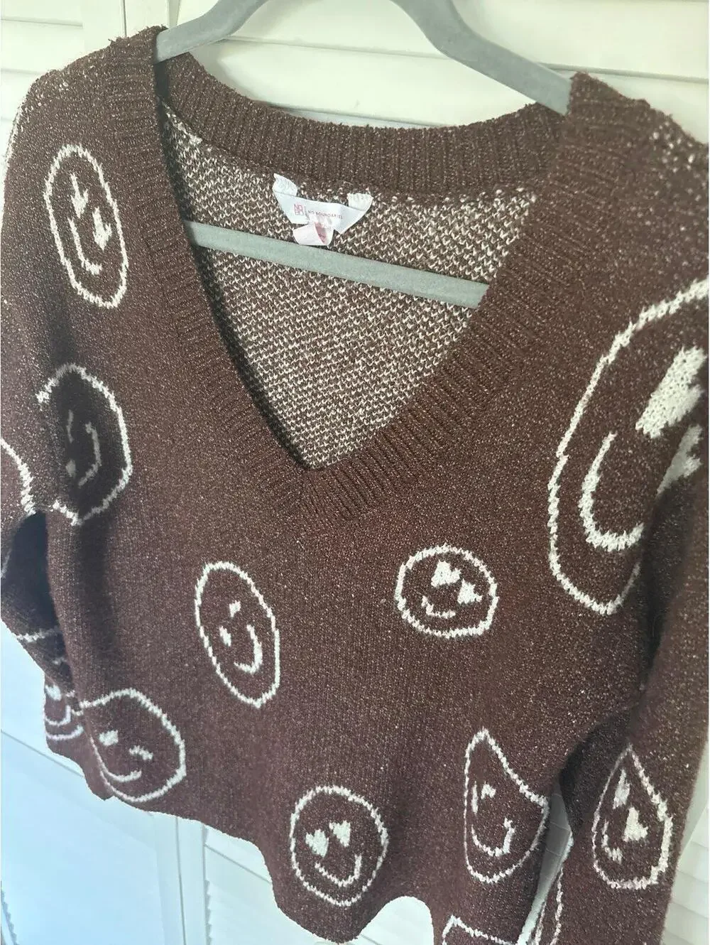 No Boundaries Cropped V Neck Smiley Face Sweater